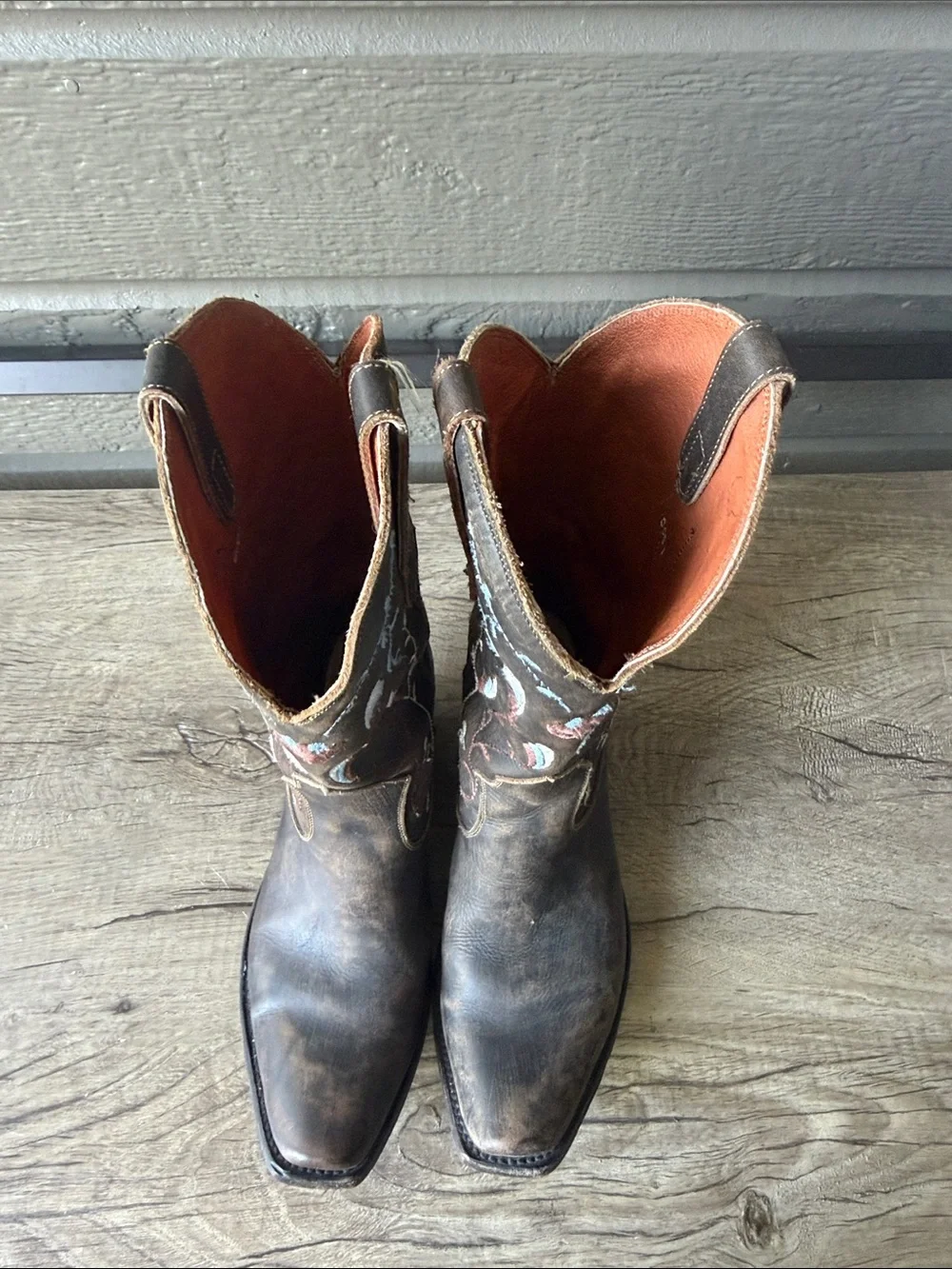 Dan Post Brown Leather Western Cowgirl Boots Blue Coral Embroidery size 6.5 B